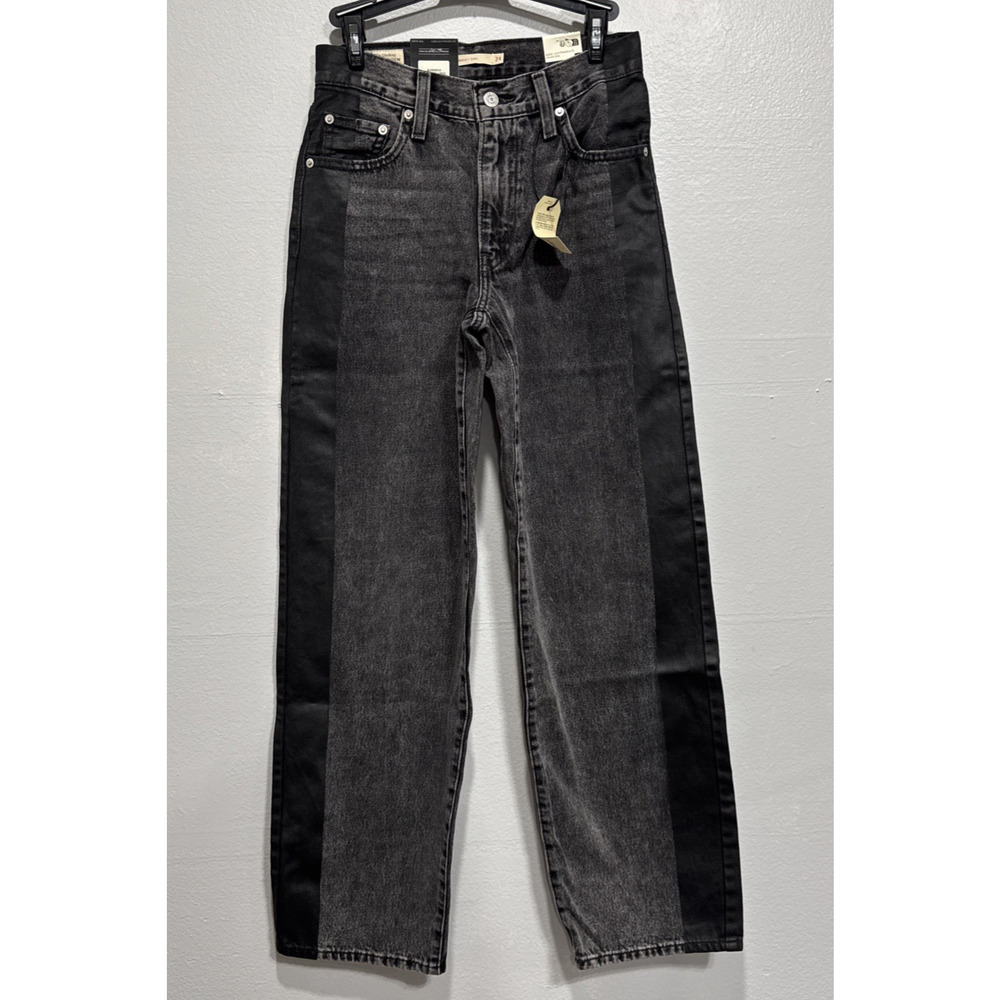 Levi's Premium Women Baggy Dad Straight Leg Mid Rise Jeans 24 Black Side Stripes